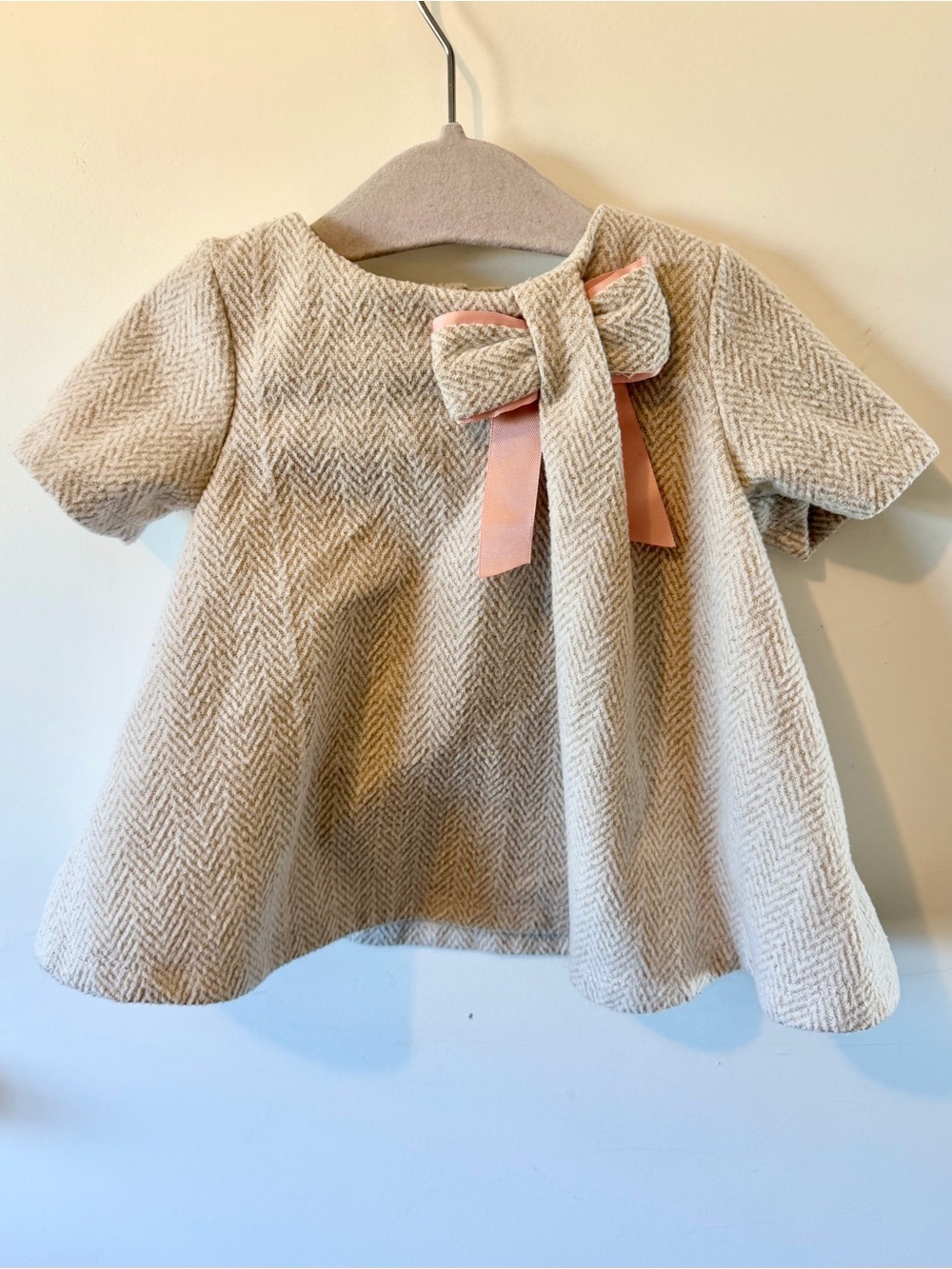 Cream & Gold Baby Dress with Pink Bow